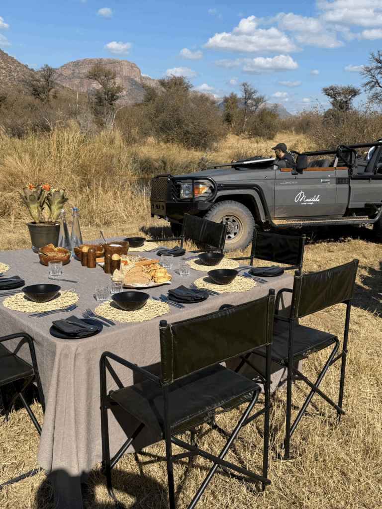 Outdoor lounge overlooking the bush at Sabi Sands Earth Lodge in South Africa.